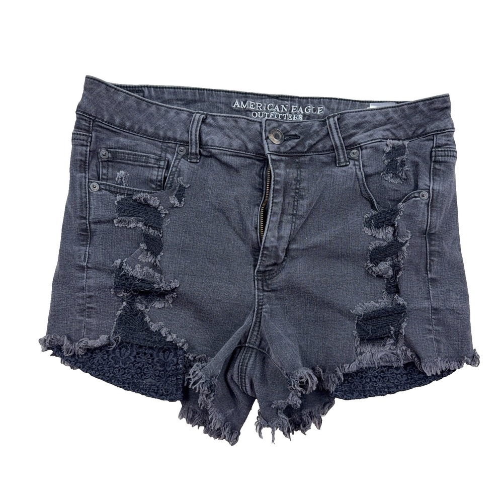 American Eagle Shorts Women 14 Cut Off High Rise Black Wash Distressed Festival